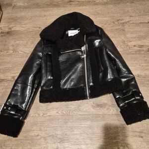 Apparis Black Faux Leather Jacket with Pockets , Shearling Trim